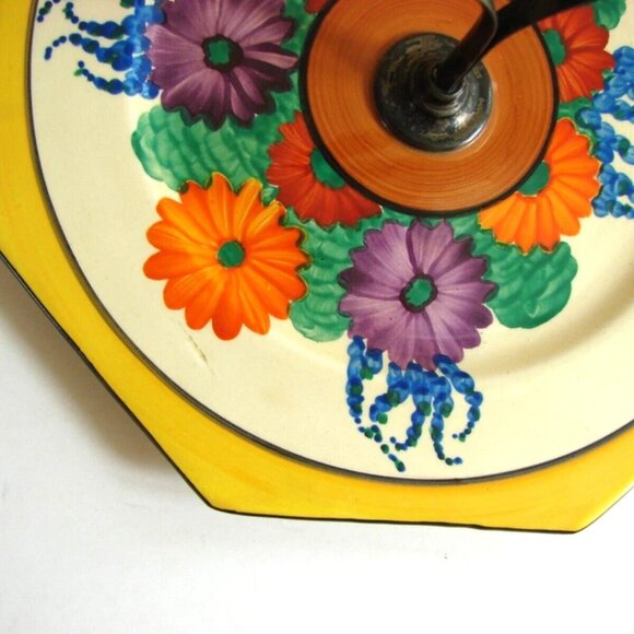 Clarice Cliff Gayday Octagonal 7.5" Cake Plate with Handle Floral 1930s Antique - Picture 5 of 11